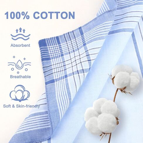 12 قطعة مناديل للرجال، مناديل رجالية مصنوعة من القطن الناعم بنسبة 100% مع شيك، مناديل كلاسيكية كبيرة للرجال (16 × 16 بوصة) in Kuwait