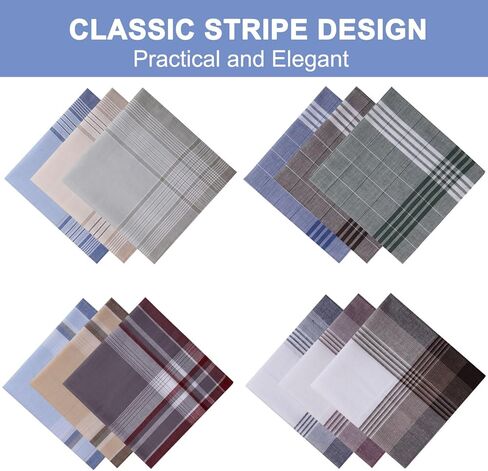 12 قطعة مناديل للرجال، مناديل رجالية مصنوعة من القطن الناعم بنسبة 100% مع شيك، مناديل كلاسيكية كبيرة للرجال (16 × 16 بوصة) in Kuwait