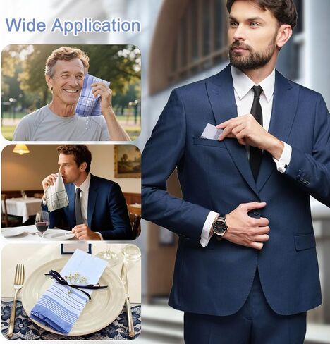 12 قطعة مناديل للرجال، مناديل رجالية مصنوعة من القطن الناعم بنسبة 100% مع شيك، مناديل كلاسيكية كبيرة للرجال (16 × 16 بوصة) in Kuwait