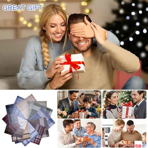 12 قطعة مناديل للرجال، مناديل رجالية مصنوعة من القطن الناعم بنسبة 100% مع شيك، مناديل كلاسيكية كبيرة للرجال (16 × 16 بوصة) in Kuwait