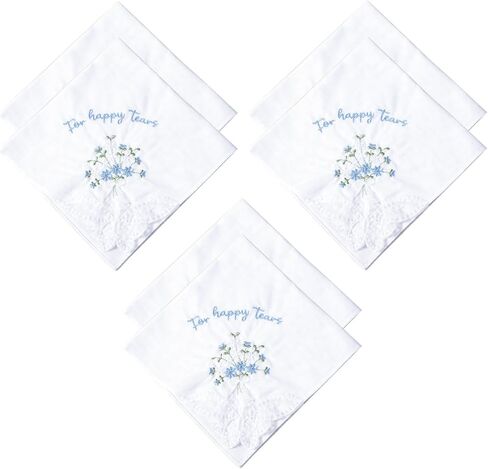 For Happy Tears Handkerchief, 6 Pcs Embroidered Wedding Handkerchief Cotton Hankies for Bride, Groom, Bridesmaid, Mother of the Bride, White & Blue, 12" x 12" in Saudi Arabia