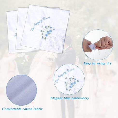 For Happy Tears Handkerchief, 6 Pcs Embroidered Wedding Handkerchief Cotton Hankies for Bride, Groom, Bridesmaid, Mother of the Bride, White & Blue, 12" x 12" in Saudi Arabia