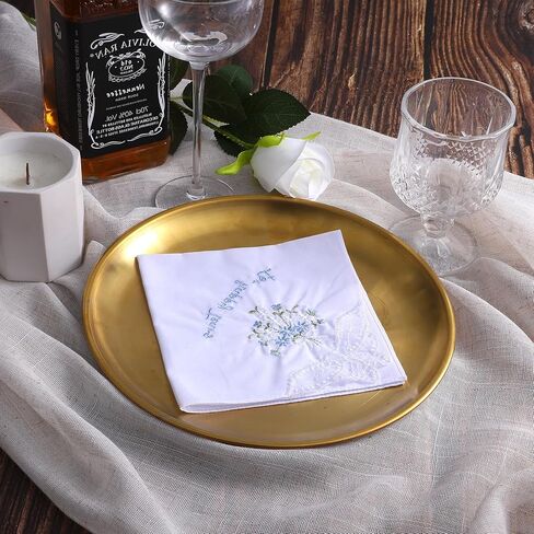 For Happy Tears Handkerchief, 6 Pcs Embroidered Wedding Handkerchief Cotton Hankies for Bride, Groom, Bridesmaid, Mother of the Bride, White & Blue, 12" x 12" in Saudi Arabia