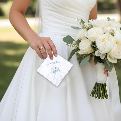 For Happy Tears Handkerchief, 6 Pcs Embroidered Wedding Handkerchief Cotton Hankies for Bride, Groom, Bridesmaid, Mother of the Bride, White & Blue, 12" x 12" in Saudi Arabia