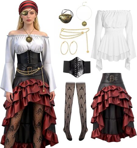 Pirate Costume Women Outfit with Renaissance Pirate Shirt Skirt Corset Waist Belt Accessories Set for Halloween in Kuwait