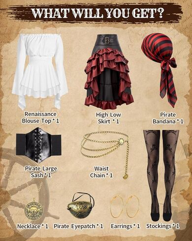 Pirate Costume Women Outfit with Renaissance Pirate Shirt Skirt Corset Waist Belt Accessories Set for Halloween in Kuwait