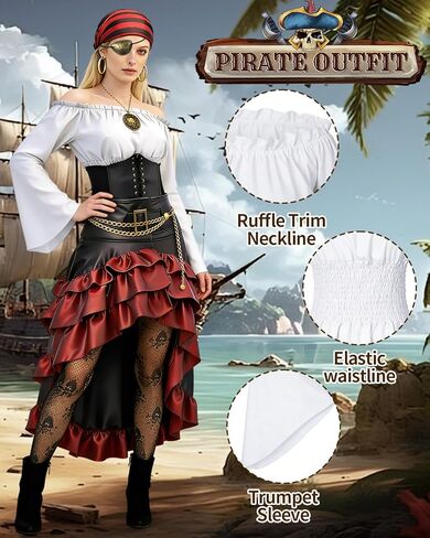Pirate Costume Women Outfit with Renaissance Pirate Shirt Skirt Corset Waist Belt Accessories Set for Halloween in Kuwait