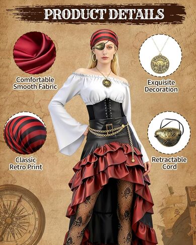 Pirate Costume Women Outfit with Renaissance Pirate Shirt Skirt Corset Waist Belt Accessories Set for Halloween in Kuwait