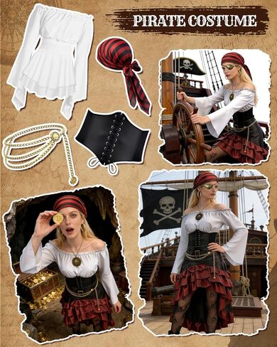 Pirate Costume Women Outfit with Renaissance Pirate Shirt Skirt Corset Waist Belt Accessories Set for Halloween in Kuwait