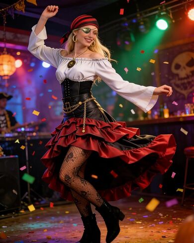 Pirate Costume Women Outfit with Renaissance Pirate Shirt Skirt Corset Waist Belt Accessories Set for Halloween in Kuwait
