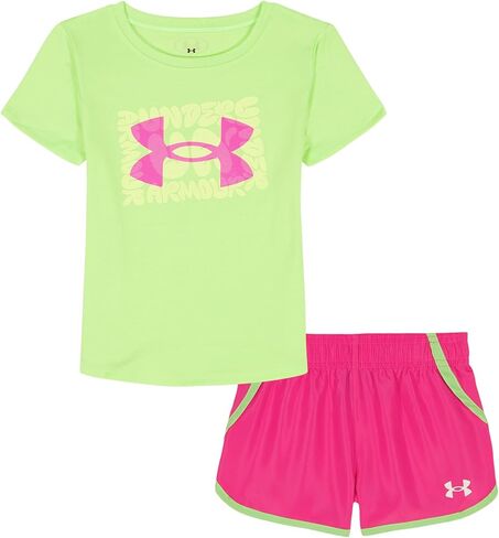 طقم تي شيرت وسروال قصير الأكمام للفتيات من Under Armour، خفيف الوزن ومريح، Lumos Lime Core، 6 in Saudi Arabia