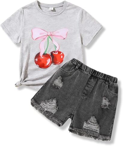 Girls Clothes 2 Piece Cherry Print Short Sleeve Top & Ripped Jeans Set Girls Summer Outfits for 6-12 Years in Saudi Arabia