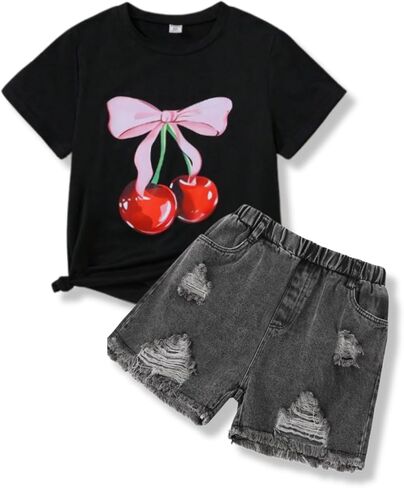 Girls Clothes 2 Piece Cherry Print Short Sleeve Top & Ripped Jeans Set Girls Summer Outfits for 6-12 Years in Saudi Arabia