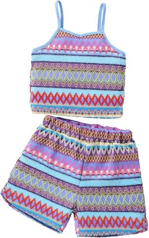 مجموعة ملابس الفتيات قطعتين من القمصان الاستوائية غير الرسمية المحبوكة وشورت الخصر المطاطي ملابس الصيف in Kuwait