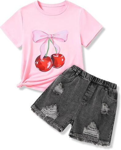 Girls Clothes 2 Piece Cherry Print Short Sleeve Top & Ripped Jeans Set Girls Summer Outfits for 6-12 Years in Saudi Arabia