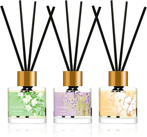 مجموعة هدايا CALMORA Reed Diffuser مكونة من 3 قطع، 50 مل معطر منزلي مع 15 عصا من القصب | زيت معطر بالزنبق والياسمين/اللافندر/الكتان الطازج للنساء والأم والدفء المنزلي in Saudi Arabia