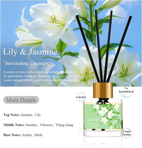 مجموعة هدايا CALMORA Reed Diffuser مكونة من 3 قطع، 50 مل معطر منزلي مع 15 عصا من القصب | زيت معطر بالزنبق والياسمين/اللافندر/الكتان الطازج للنساء والأم والدفء المنزلي in Saudi Arabia