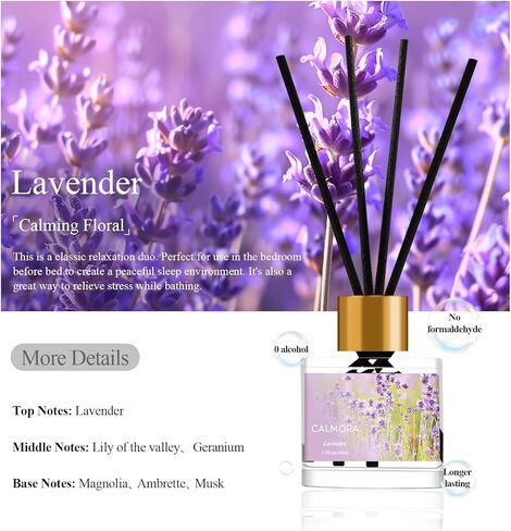 مجموعة هدايا CALMORA Reed Diffuser مكونة من 3 قطع، 50 مل معطر منزلي مع 15 عصا من القصب | زيت معطر بالزنبق والياسمين/اللافندر/الكتان الطازج للنساء والأم والدفء المنزلي in Saudi Arabia