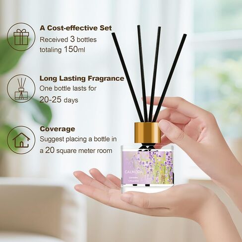 مجموعة هدايا CALMORA Reed Diffuser مكونة من 3 قطع، 50 مل معطر منزلي مع 15 عصا من القصب | زيت معطر بالزنبق والياسمين/اللافندر/الكتان الطازج للنساء والأم والدفء المنزلي in Saudi Arabia