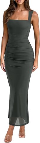 REORIA Summer Wedding Guest Maxi Dresses for Women Sleeveless Square Neck Sheer Mesh Ruched Bodycon Long Dress Trendy Clothes in Saudi Arabia