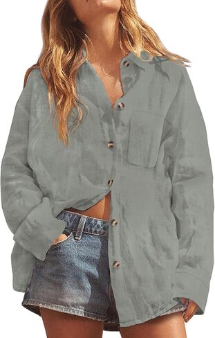 Women's Cotton Linen Button Down Shirt V-Neck Roll-Up Sleeves Loose Fit Casual Work Blouse with Pocket in Saudi Arabia