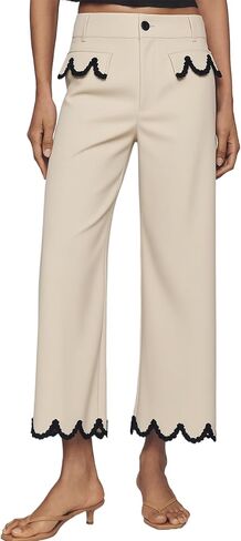 Women's Scalloped Wide Leg Pants Casual High Waisted Button Down Loose Fit Cropped Hem Trousers with Pockets in Saudi Arabia
