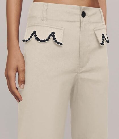 Women's Scalloped Wide Leg Pants Casual High Waisted Button Down Loose Fit Cropped Hem Trousers with Pockets in Saudi Arabia