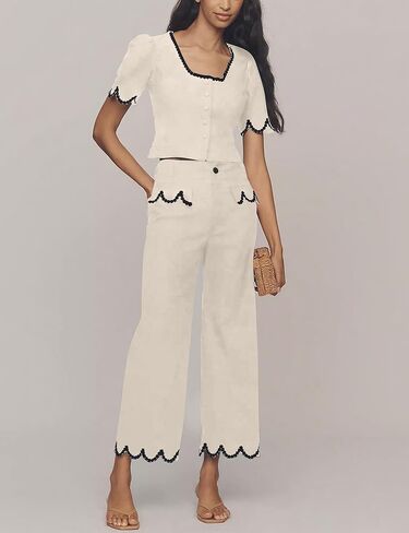 Women's Scalloped Wide Leg Pants Casual High Waisted Button Down Loose Fit Cropped Hem Trousers with Pockets in Saudi Arabia
