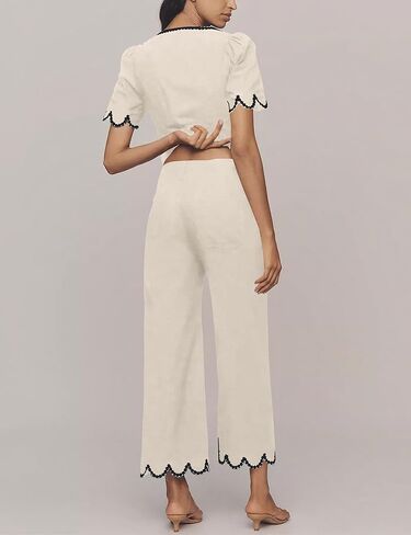 Women's Scalloped Wide Leg Pants Casual High Waisted Button Down Loose Fit Cropped Hem Trousers with Pockets in Saudi Arabia