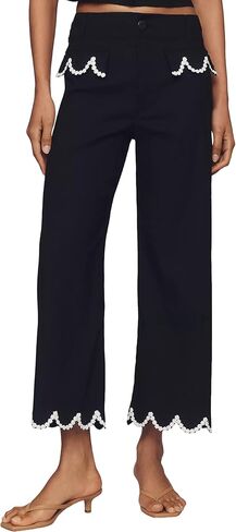 Women's Scalloped Wide Leg Pants Casual High Waisted Button Down Loose Fit Cropped Hem Trousers with Pockets in Saudi Arabia