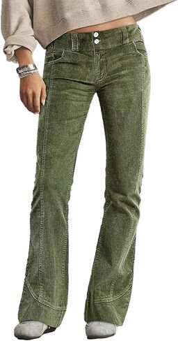 Flamingals Corduroy Low Waist Flare Leg Pants for Women Dual Button Stitch Detail Casual Pants with Pockets in Saudi Arabia