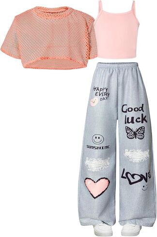 OYOANGLE Girl's 3 Piece Outfits Cami Top Graphic Wide Leg Pants with Short Sleeve Mesh Crop Top Streetwear in Saudi Arabia