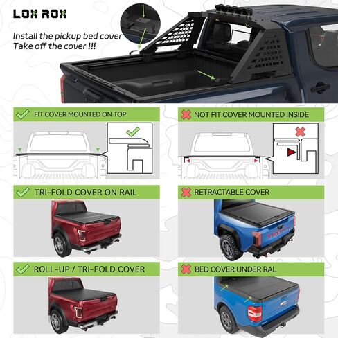 استكشف X Sport Roll Bar مع حاجز حماية جانبي قابل للفصل لسيارات Ford F150/250، وSilverado 1500، وRam 1500/2500، وSierra، وTundra، وتركيب بدون مثقاب قابل للتعديل | حامل خفيف (أسود كامل) in Kuwait