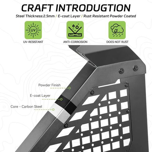 استكشف X Sport Roll Bar مع حاجز حماية جانبي قابل للفصل لسيارات Ford F150/250، وSilverado 1500، وRam 1500/2500، وSierra، وTundra، وتركيب بدون مثقاب قابل للتعديل | حامل خفيف (أسود كامل) in Kuwait