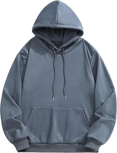 Men's Solid Hooded Sweatshirt, Dark Grey Pullover Hoodie with Kangaroo Pocket, Casual Loose Fit Long Sleeve Top in Saudi Arabia