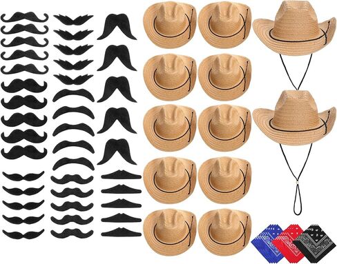Hercicy 72 Pcs Cowboy Hats and Bandanas Fake Mustaches Bulk Western Straw Cowboy Hat Costume Accessories for Adult Men Women Costume Party in Saudi Arabia