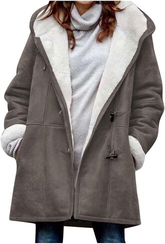 Coats for Women Winter Sherpa Jacket Warm Fleece Coat Button Hoodie Jacket Long Sleeve Fashion Outerwear with Pockets in Saudi Arabia