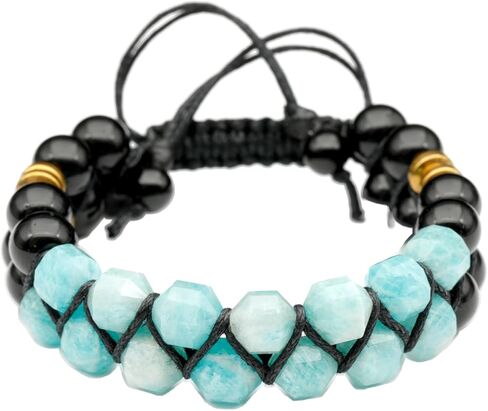 سوار مكرامية من الأحجار الكريمة الطبيعية بصف مزدوج للرجال والنساء | سوار من الخرز مصنوع يدويًا مقاس 8 ملم مع العقيق الأسود والهيماتيت | سلك مشمع قابل للتعديل | هدية مجوهرات زودياك شقرا in Kuwait