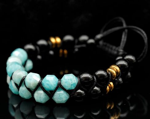 سوار مكرامية من الأحجار الكريمة الطبيعية بصف مزدوج للرجال والنساء | سوار من الخرز مصنوع يدويًا مقاس 8 ملم مع العقيق الأسود والهيماتيت | سلك مشمع قابل للتعديل | هدية مجوهرات زودياك شقرا in Kuwait