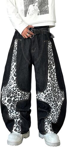 Mens Wide Leg Jeans Baggy Loose Fit Denim Pants Skater Jeans Y2k Patchwork Trousers Streetwear in Saudi Arabia