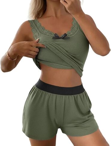 طقم بيجامة نسائي مكون من قطعتين من CHICME بدون أكمام حمالة صدر مدمجة وسروال قصير طقم ملابس نوم من الدانتيل in Saudi Arabia
