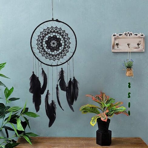 Black Dream Catcher, Macrame Dream Catcher Handmade Feather Dream Catcher Wall Art Hanging Dream Catcher for Bedroom Home Decor in Saudi Arabia