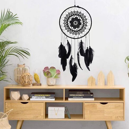 Black Dream Catcher, Macrame Dream Catcher Handmade Feather Dream Catcher Wall Art Hanging Dream Catcher for Bedroom Home Decor in Saudi Arabia