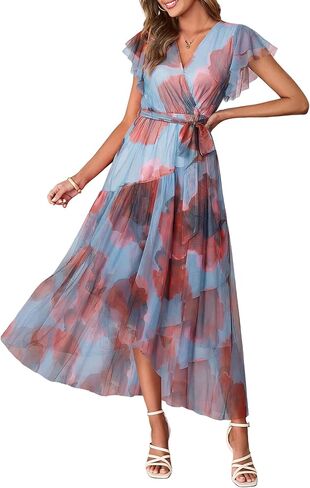 Simplee Womens Summer Floral Maxi Dress 2026 Short Sleeve V Neck Belted Mesh Hem Split Flowy Beach Wedding Guest Dresses in Saudi Arabia