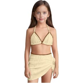 Girls Swimsuit Trendy V Neck Adjustable Straps Bikini Set High Waisted 3 Piece Bathing Suits with Cover Up 8-16 Years in Kuwait
