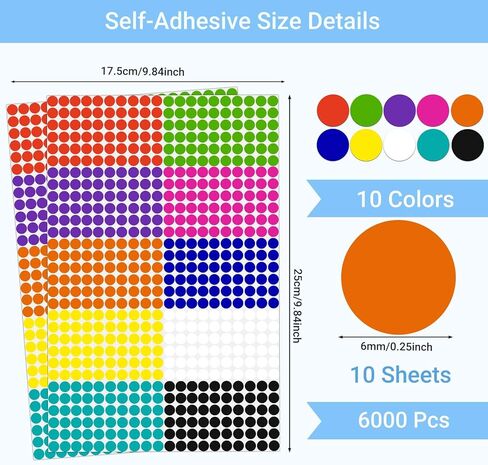 KEYBOO 6000 جهاز كمبيوتر شخصى ملصقات نقطة صغيرة 1/4 "دائرة نقطة ملصقات مستديرة اللون الترميز ملصق التسمية، ملصقات صغيرة ملونة ملصق صغير للأطفال الصغار ملصقات صغيرة في 10 ألوان للمكتب والفصول الدراسية in Kuwait