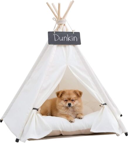 Pet Teepee with Soft Cushion for Dogs, Cats, Rabbits and Puppies, Portable Pet Tent, White Dog Tent. Pet House with Bed, Washable Dog Teepee, Portable Dog House (White) in Kuwait