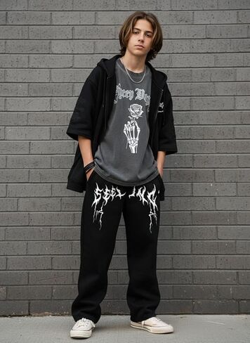 Boy's Graphic Print Casual Sweatpants Elastic Waist Y2K Jungle Loose Fit Pants Punk Streetwear Sweatpants for 13-16Y in Kuwait