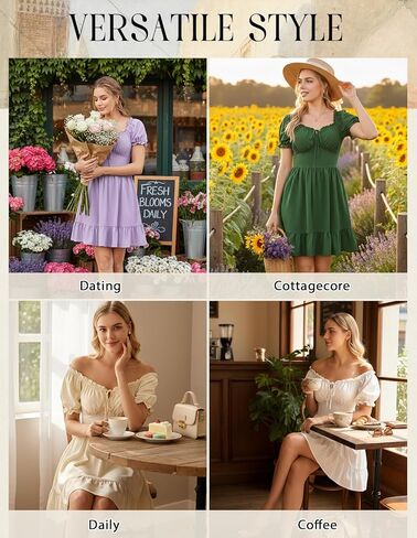 فساتين قصيرة للسيدات من Scarlet Darkness بأكمام منتفخة ورقبة مربعة فستان بيبي دول صيفي كاجوال فستان Cottagecore in Kuwait