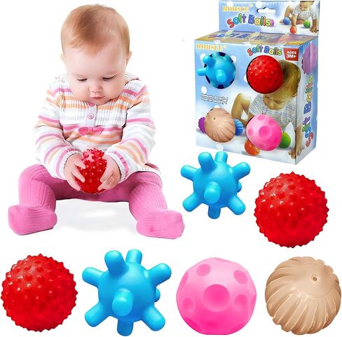 Soft Spiky Sensory Balls - Montessori Toys Baby Balls 6 to 12 Months Textured Geometric Shapes for Babies' Sensory Development, Sensory Balls for Toddlers 1-3 Bright Colors Bath Gifts in Kuwait